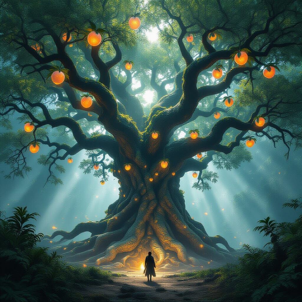 Ancient Glowing Tree in Misty Forest