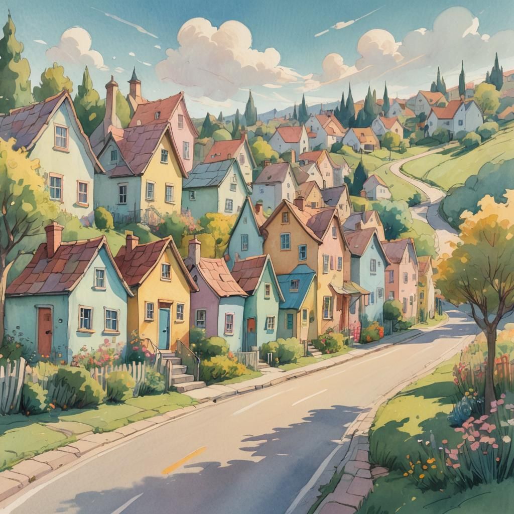 Whimsical Houses in Pastel Colors, Sketch Drawing