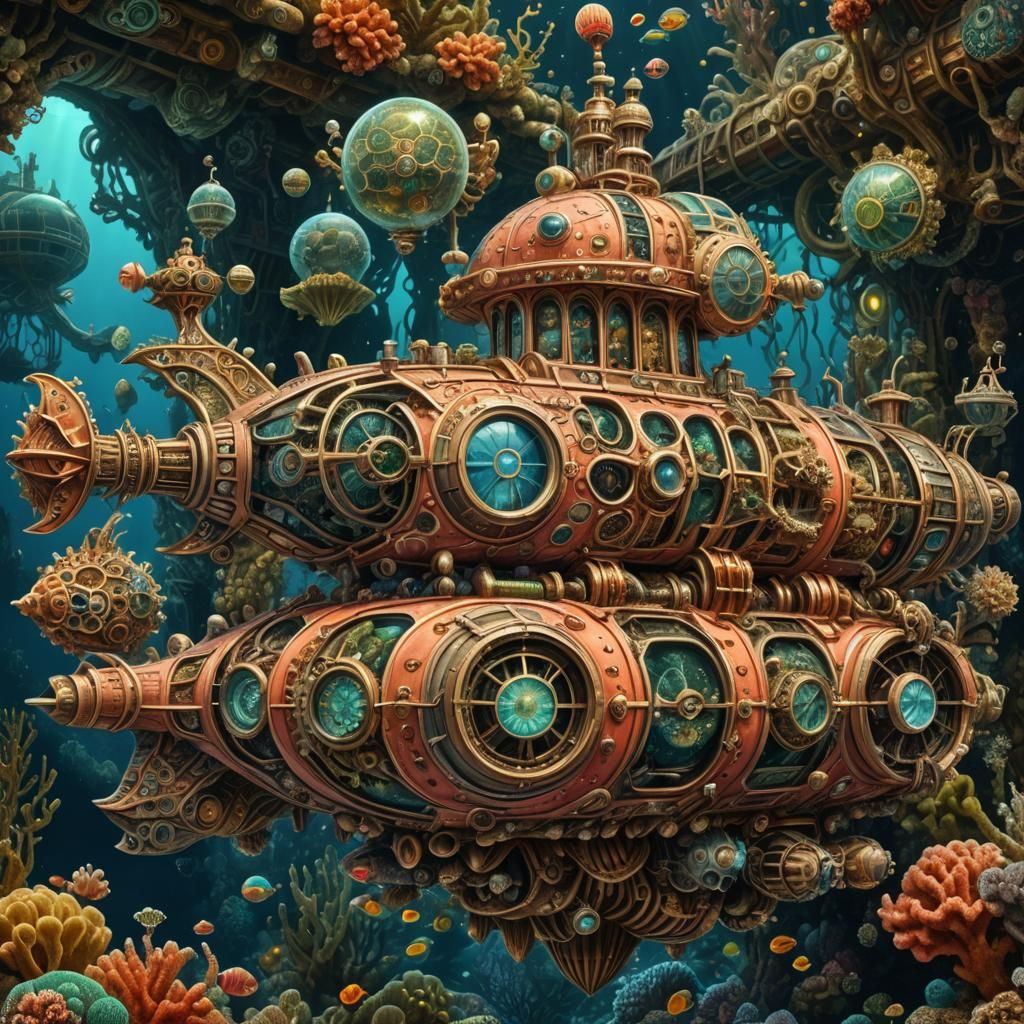Ornate Coral Submarine in Solarpunk Style