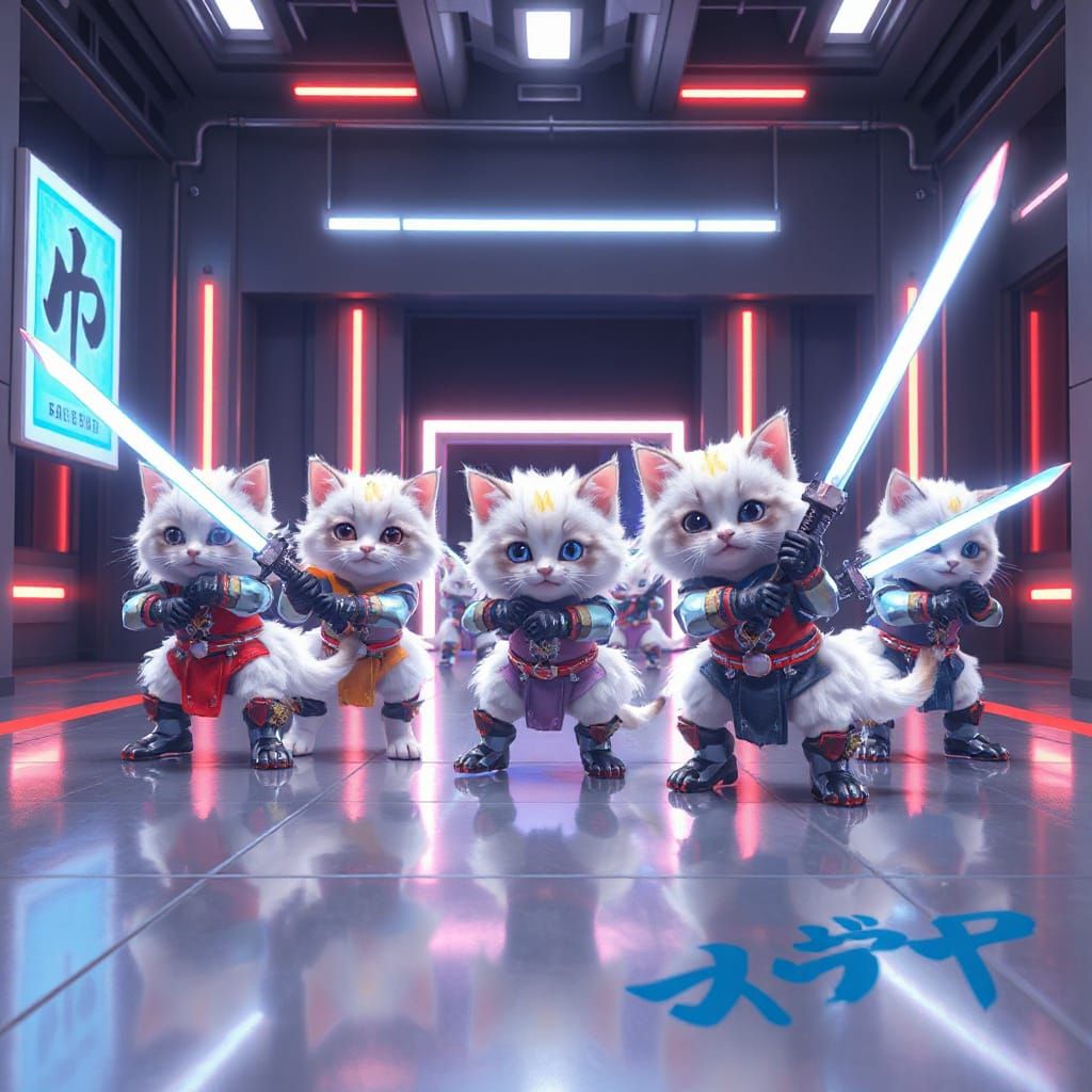 Kitten Swordfighters in Futuristic Dojo: 3D Anime Art