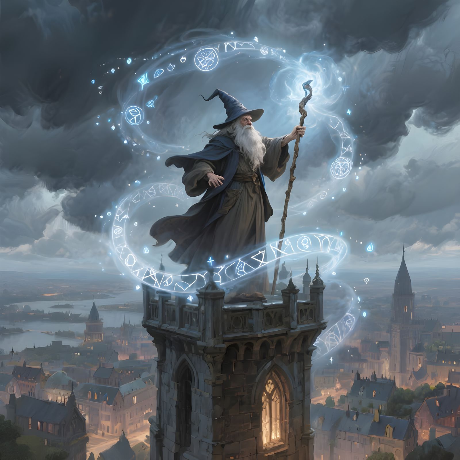 Epic Wizard Casts Magic in Fantasy Illustration