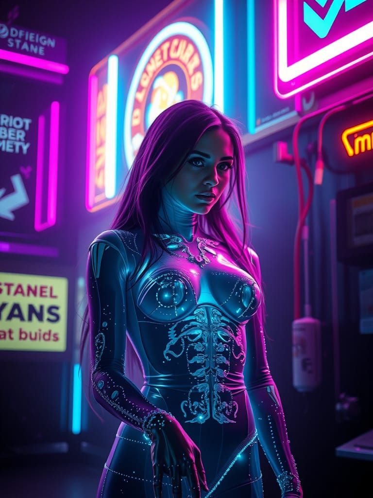 Cyberpunk Woman with Translucent Skin in Neon Light