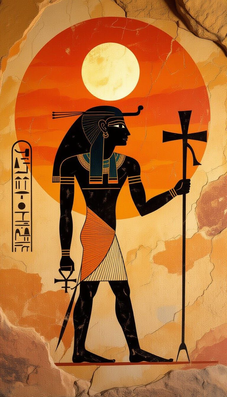 Ancient Cave Art: Stylized Figure with Glowing Sun Symbol