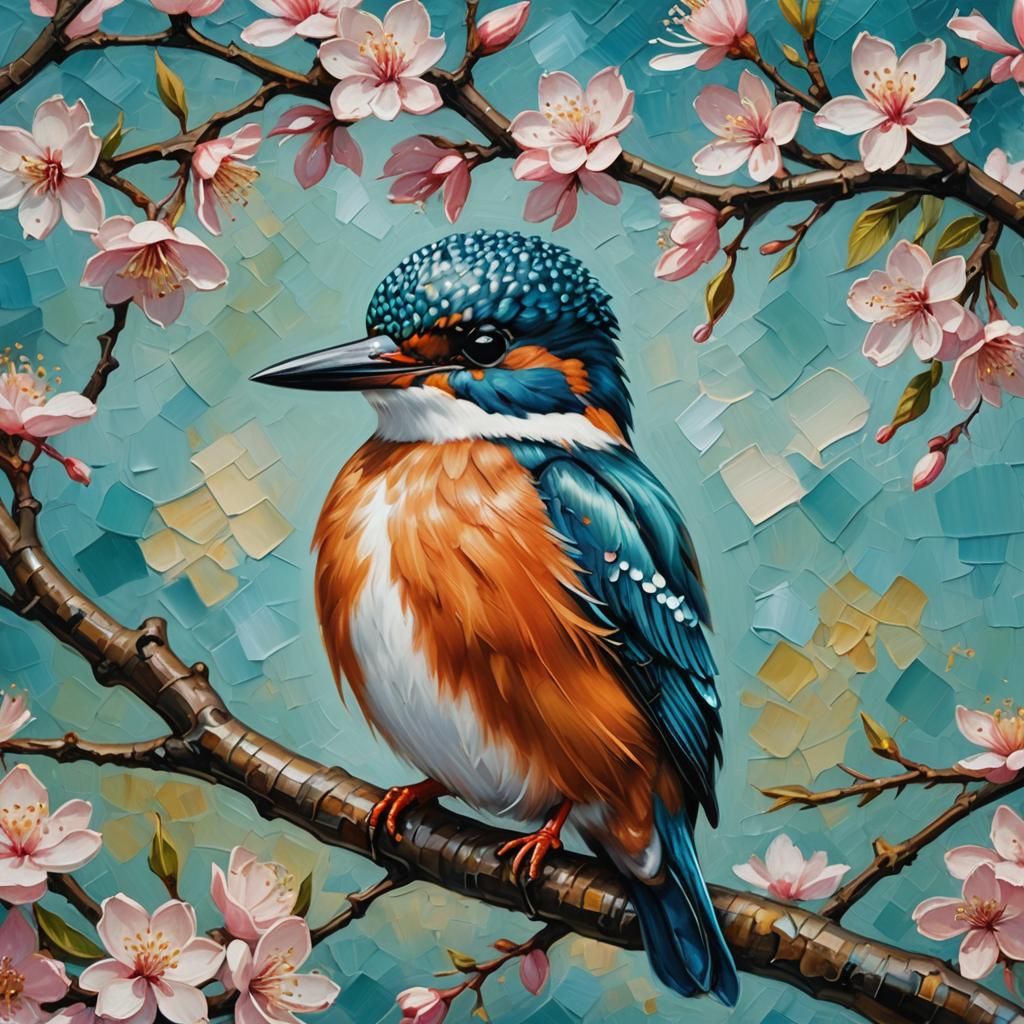 Kingfisher Portrait on Cherry Blossom Branch as Impasto