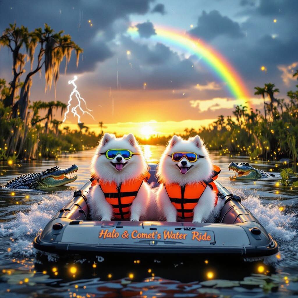 Pomeranians on Airboat in Everglades with Gators and Storm