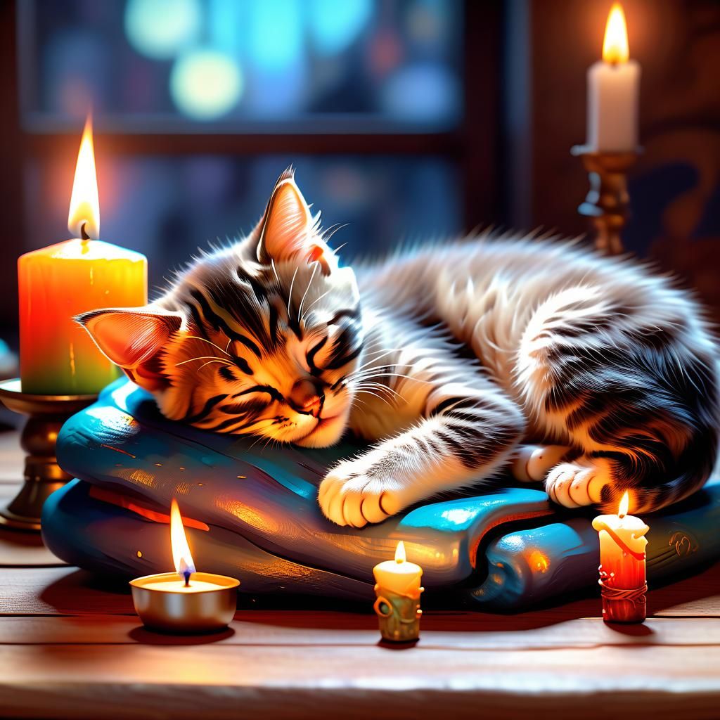 Kitten Sleeping by Candlelight: Detailed Digital Art
