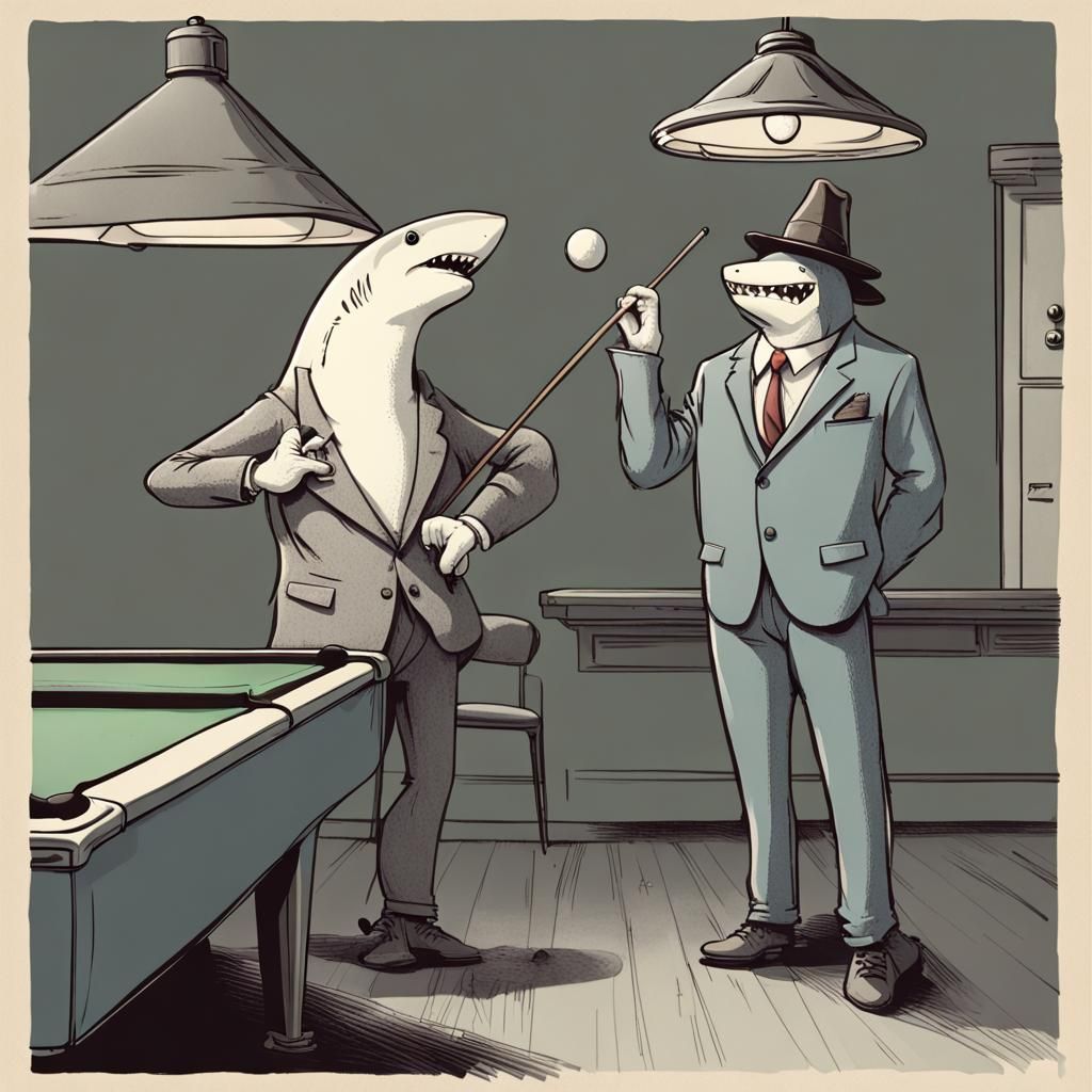 Anthropomorphic Sharks Playing Pool in Pool Hall