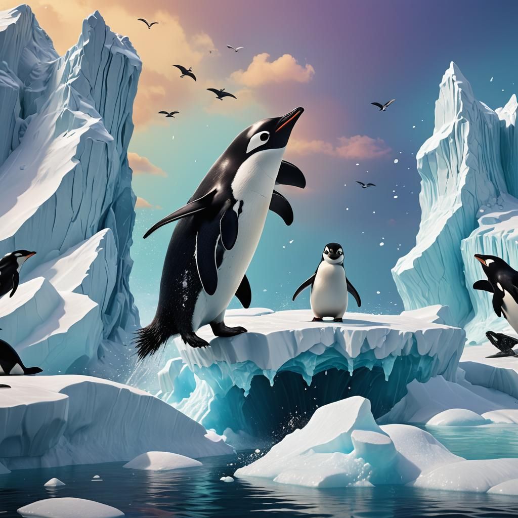 Penguin Leaps from Iceberg Near Killer Whale in 3D