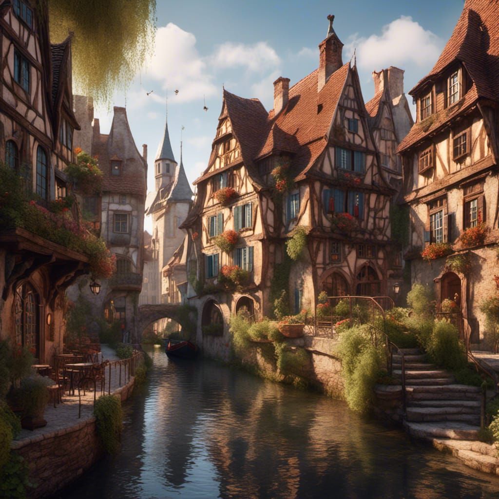 Colmar, France: Waterway in Detailed Matte Painting