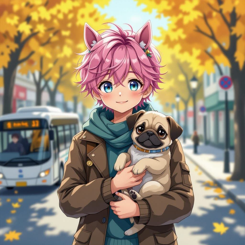 Anime Boy with Pug in Autumn Cityscape