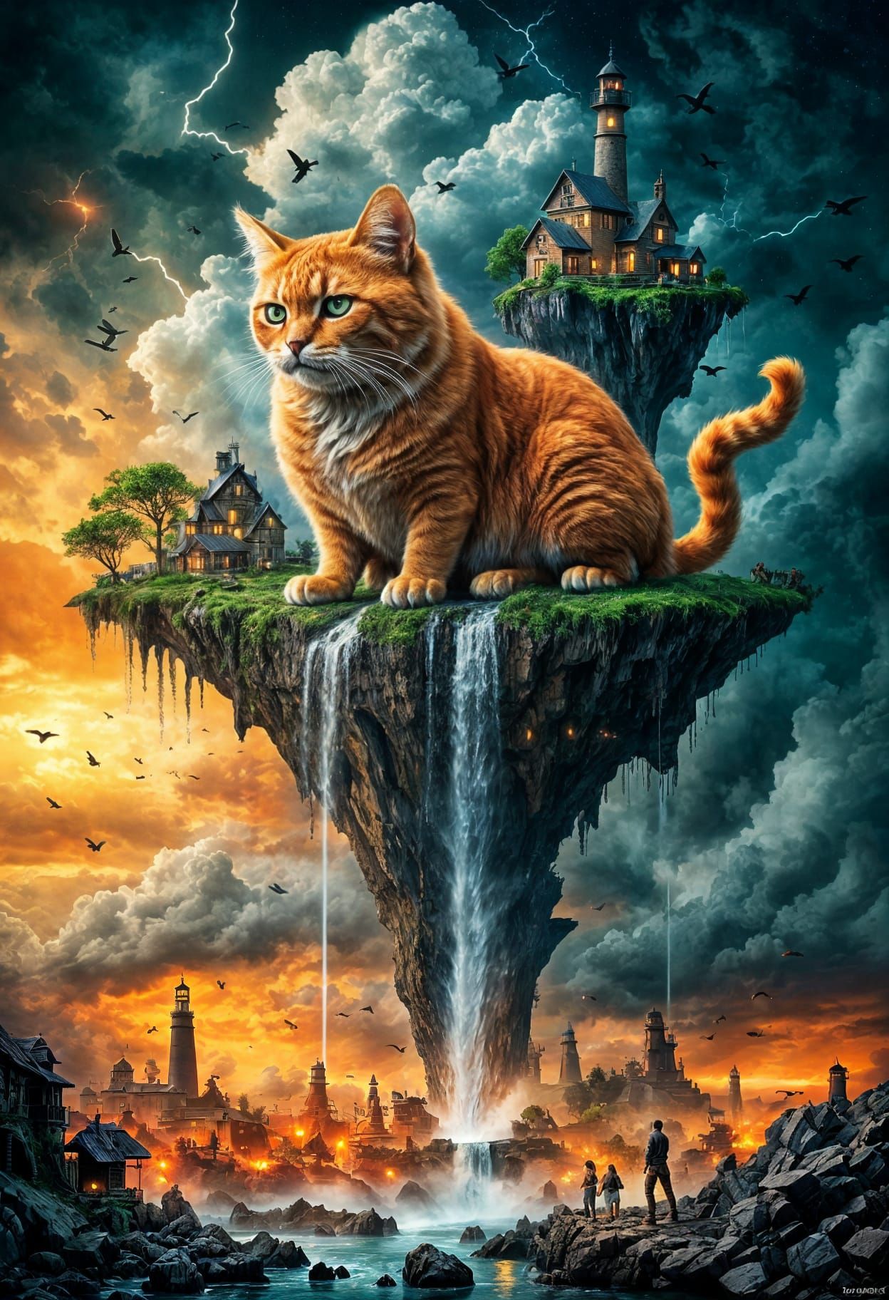 Surreal Orange Cat on Floating Island
