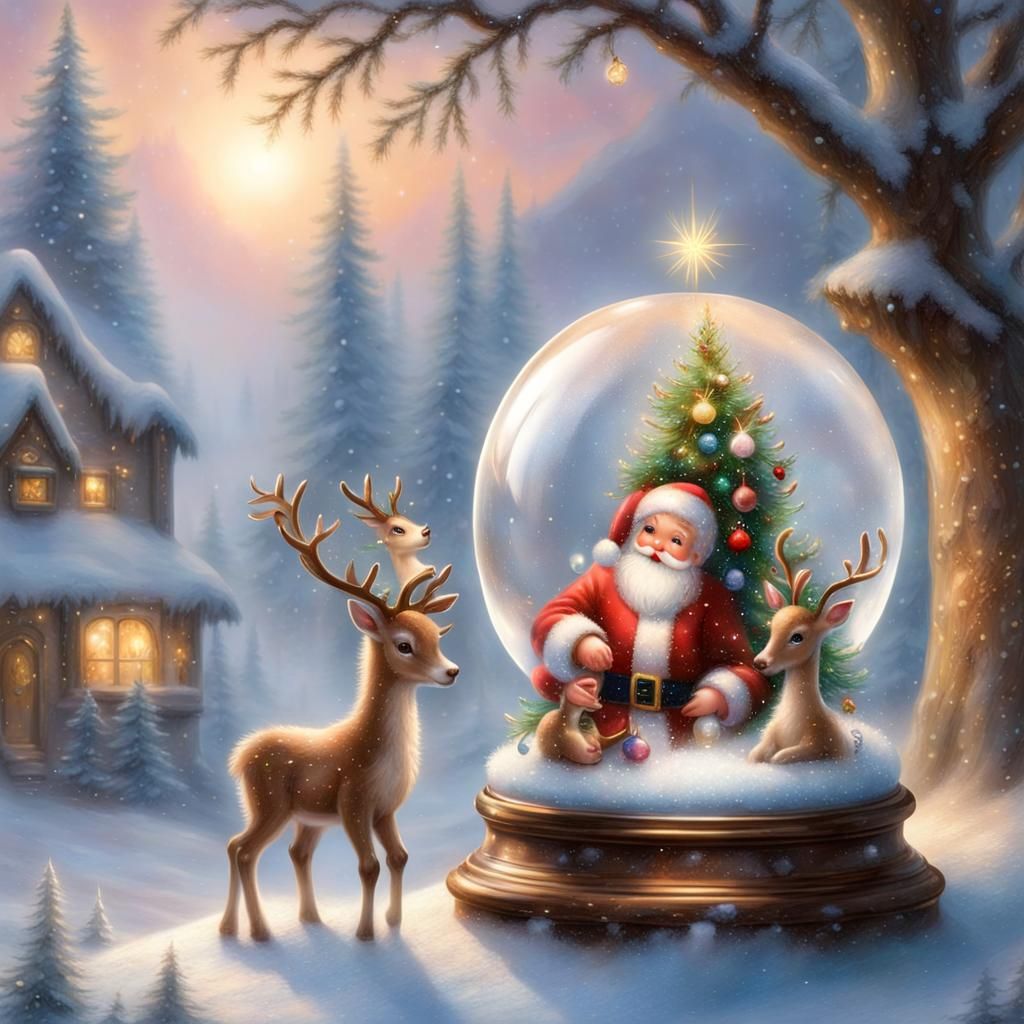 Baby Santa and Reindeer in Snow Globe, Fantasy Art