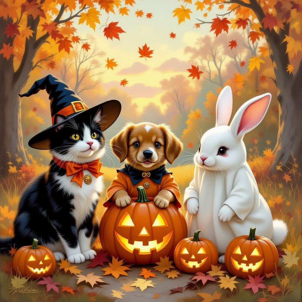 Whimsical Animals in Halloween Costumes Oil Painting