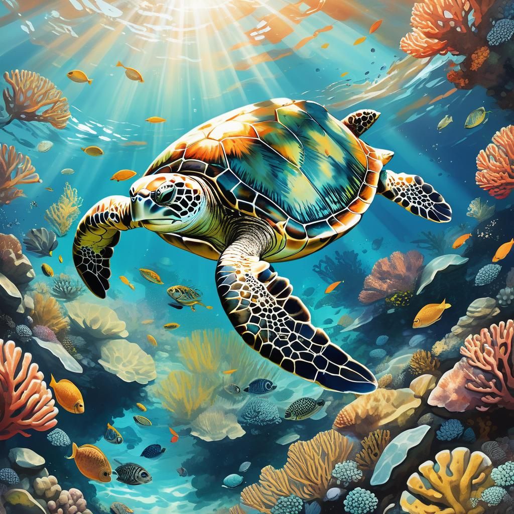 Sea Turtle Swims Near Coral Reef in Hokusai Style