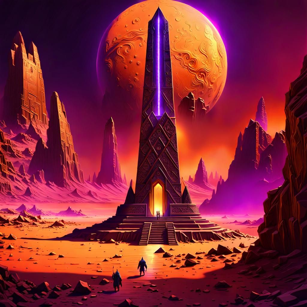 Illuminated Gold Obelisk on Mars in Dark Fantasy Style
