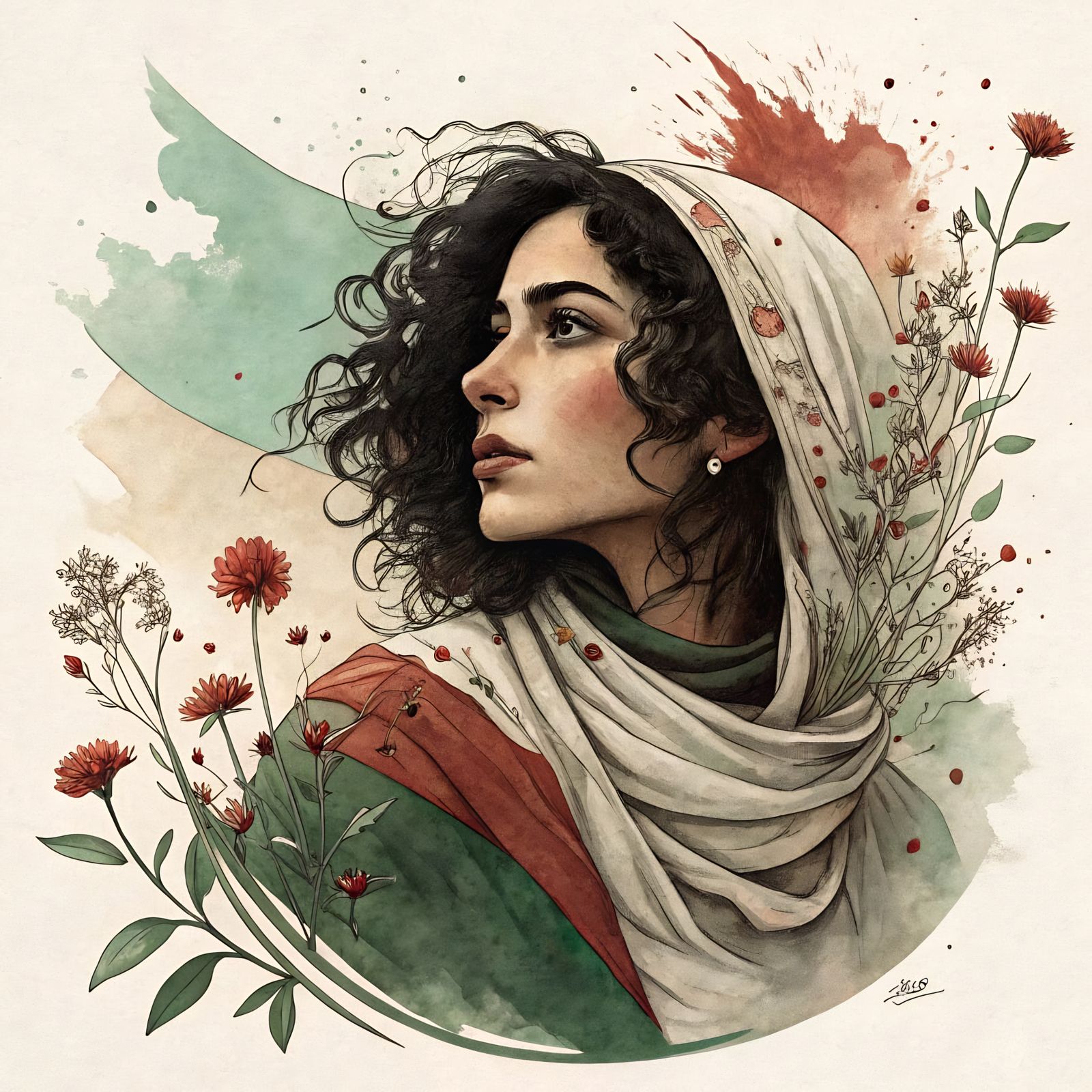 Surreal Portrait of an Arabic Woman in Traditional Palestini...