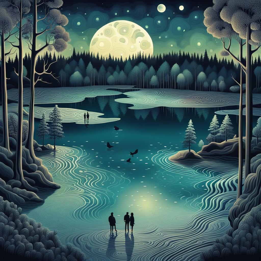 Serene Moonlit Lake in Stylized Fractal Landscape