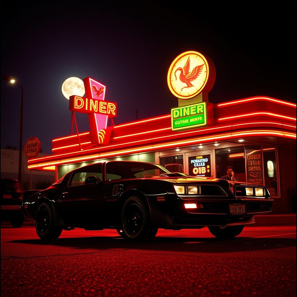 1970s Trans Am at Diner in Gritty Film Still