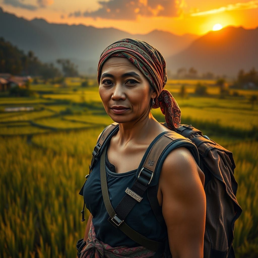 Balinese Adventurer Amidst Serene Rice Paddy Landscape in Tr...
