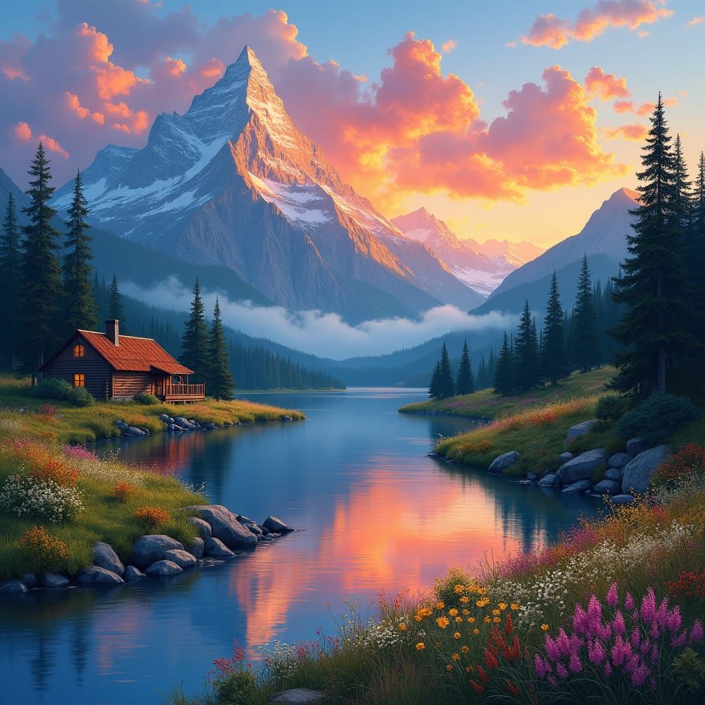 Tranquil Sunset Landscape Art in Bob Ross Style