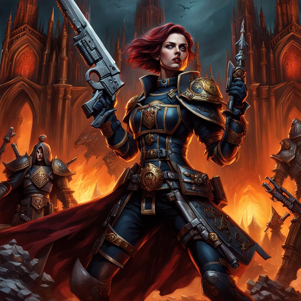 Warhammer Battle Sister in Burning Cathedral Ruins