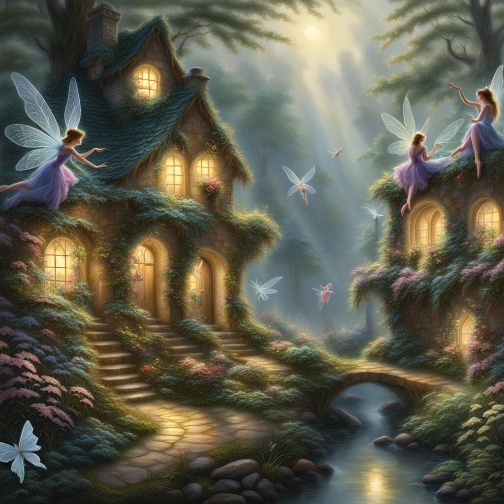 Fairies in Quaint Village, Painterly Digital Art