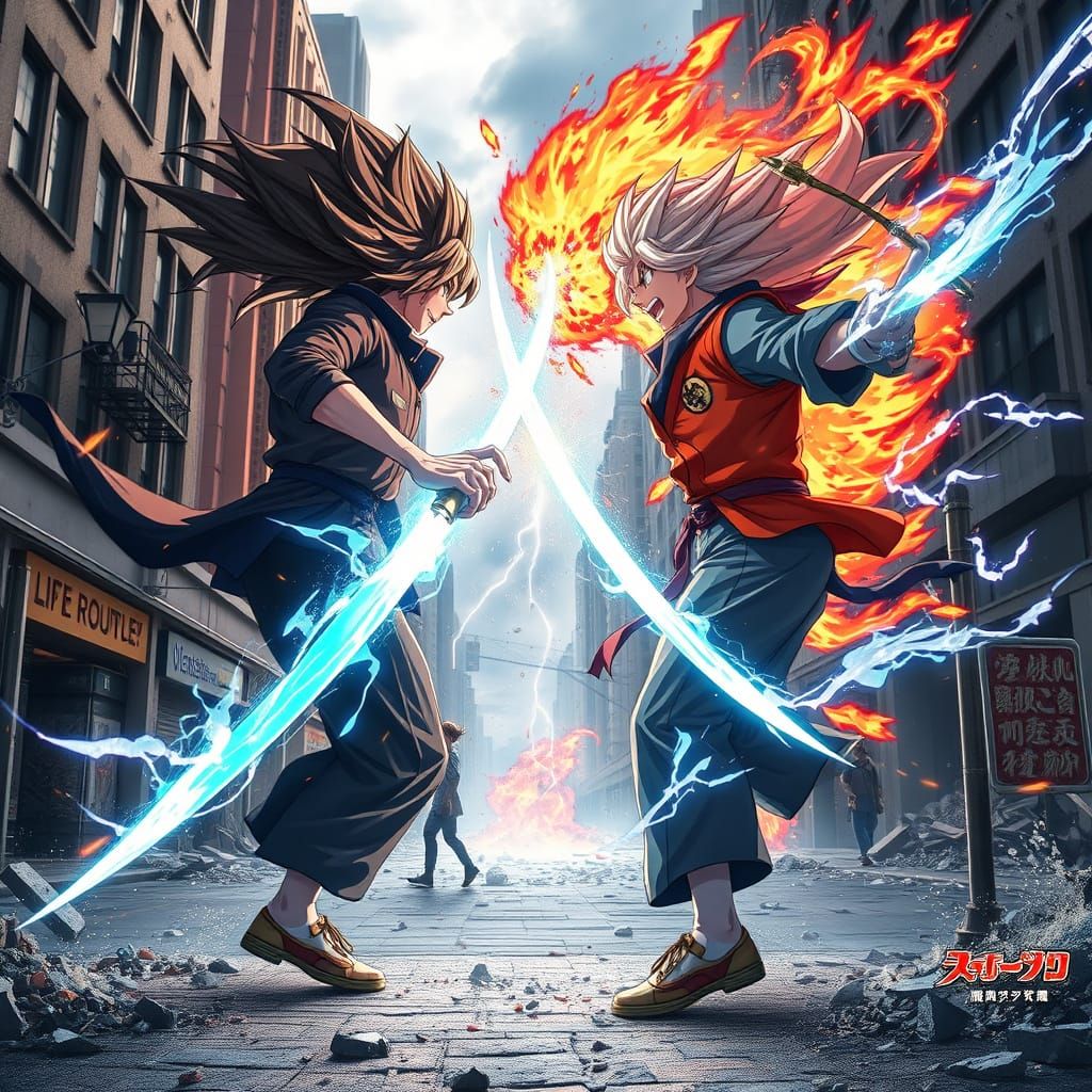 Epic Anime Battle: Rivals Clash in Shattered City
