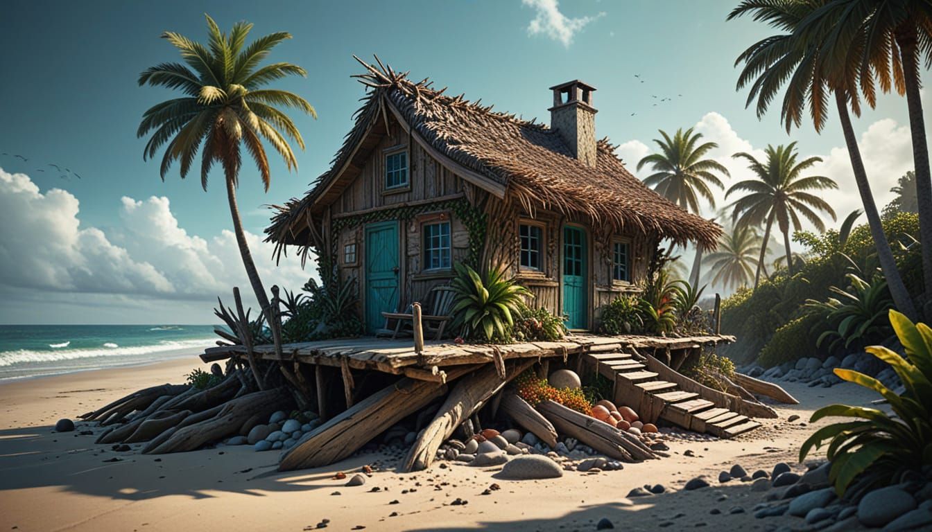 Driftwood Cottage on Beach at Dramatic Sunset