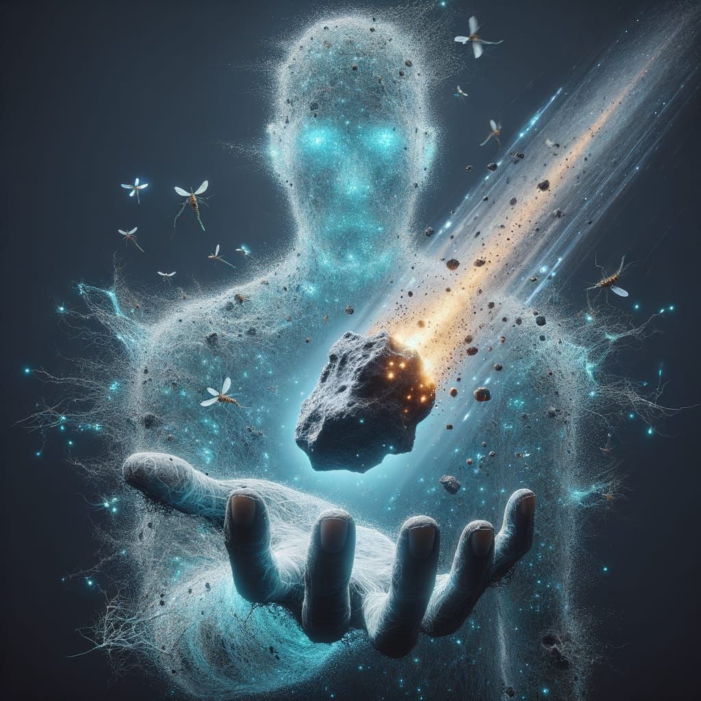 Spectral Figure Holding Asteroid: Apocalyptic Sci-Fi Concept