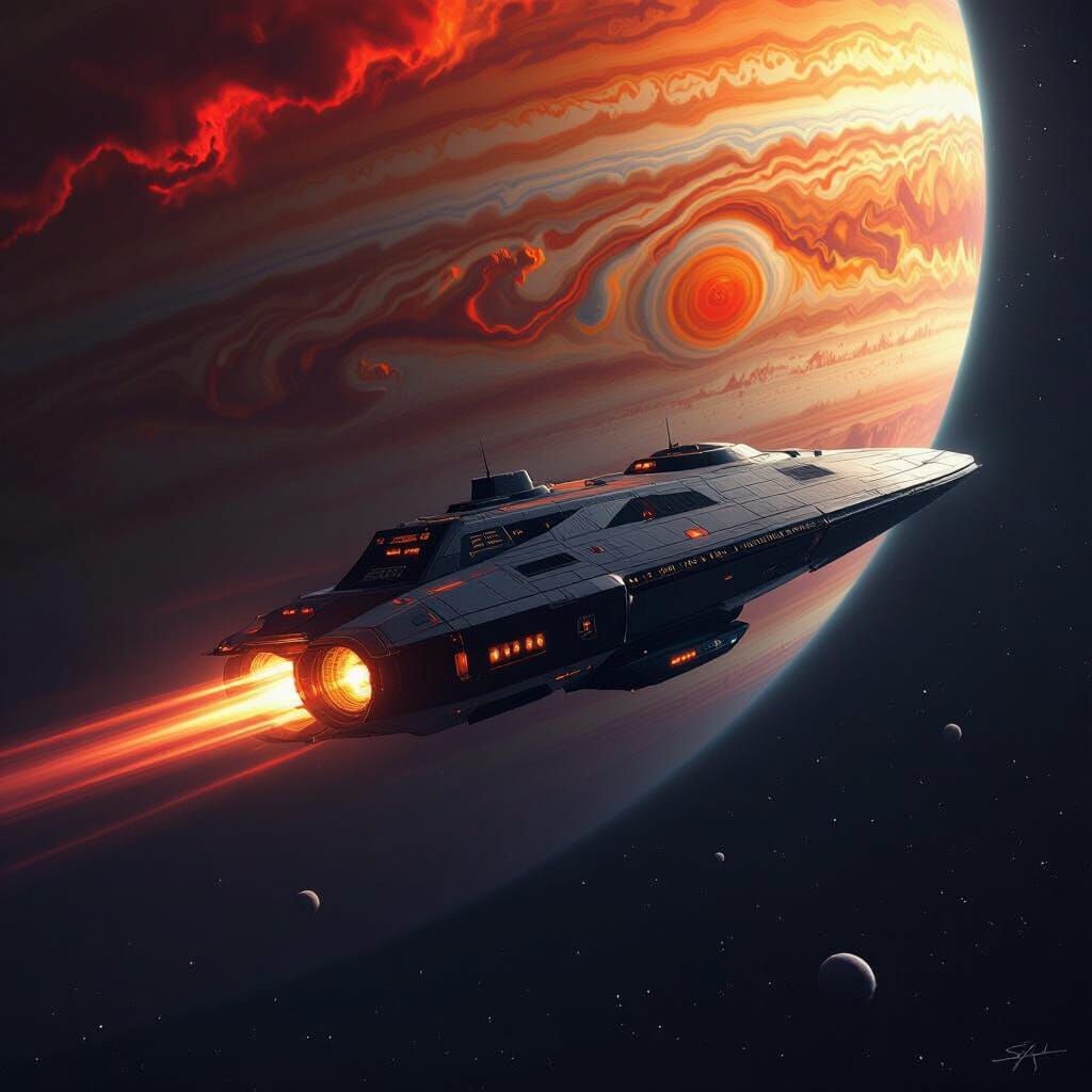 Colossal Spaceship Approaches Jupiter in Retro-Futuristic St...