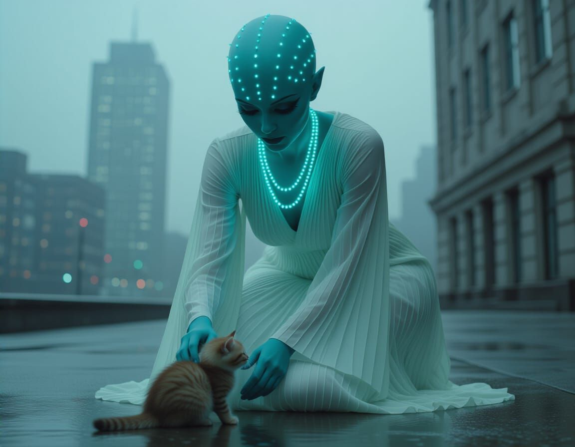 Aqua Alien and Kitten in Blurry Astropunk Film Still