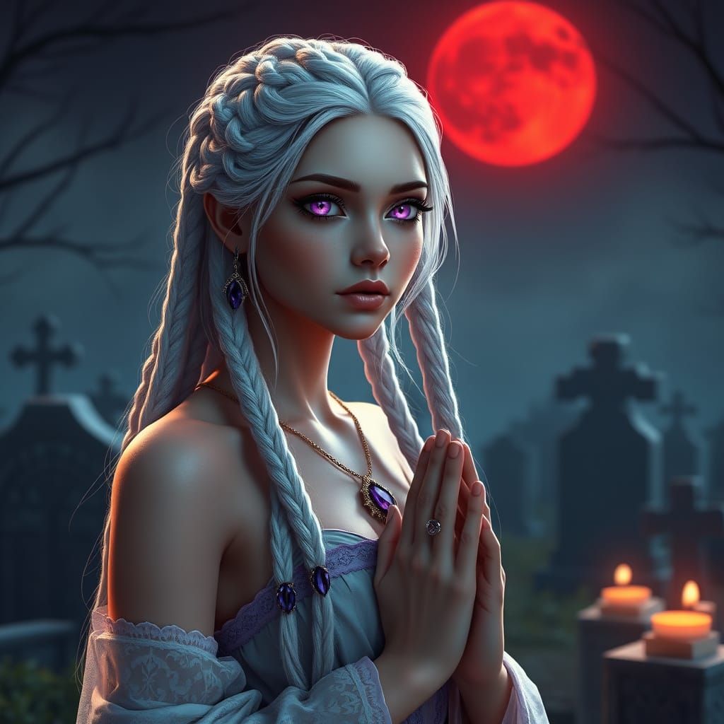 Ethereal Maiden Prays Under Red Moonlight