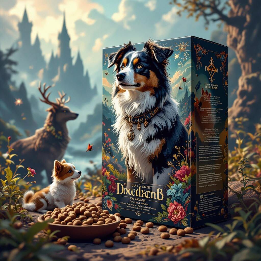 Mystical Creatures Adorn Dog Food Box in Detailed Matte Pain...