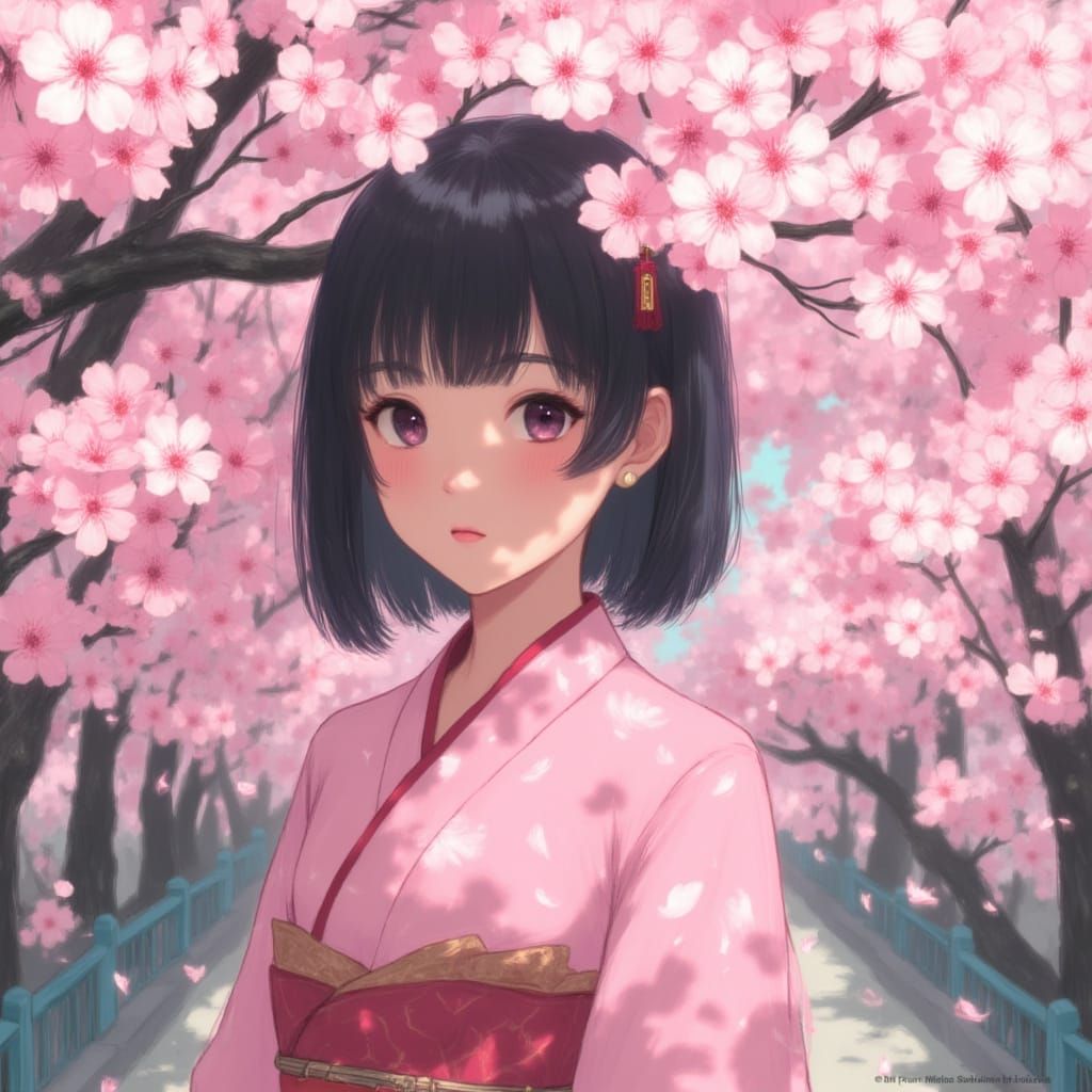 Sakura in Whimsical Bloom Under Cherry Blossoms