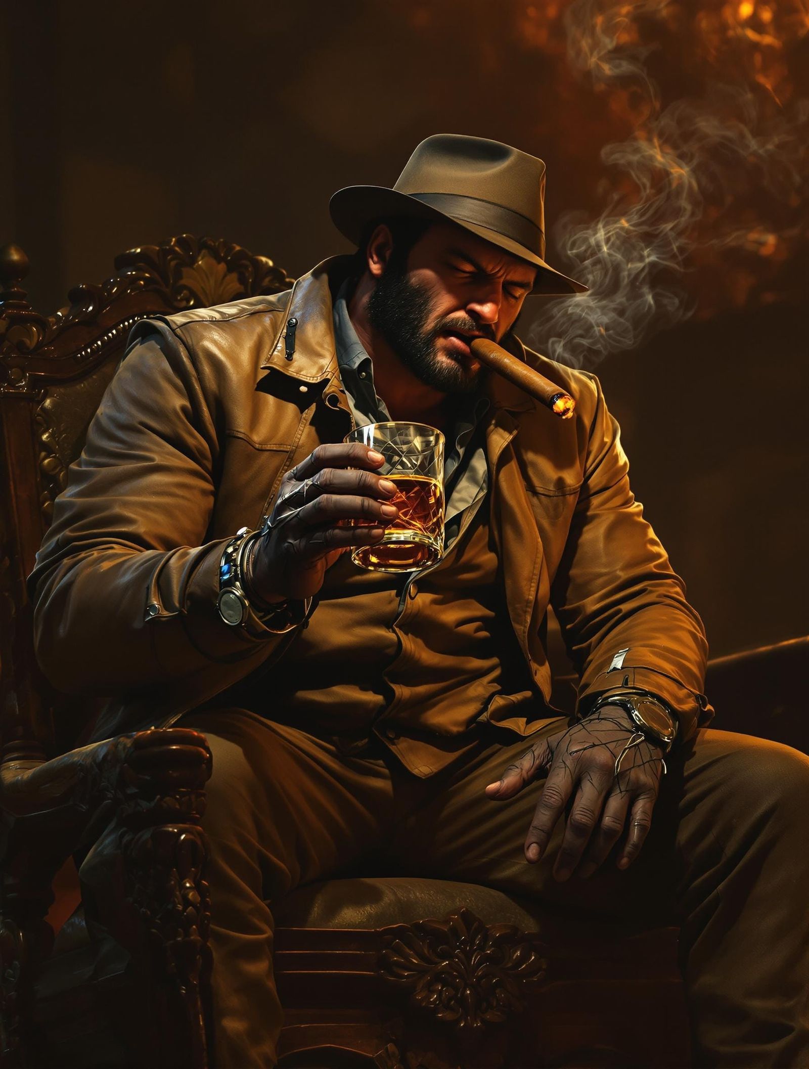 Wolverine Savoring Whisky and Cigar in Film Noir Style
