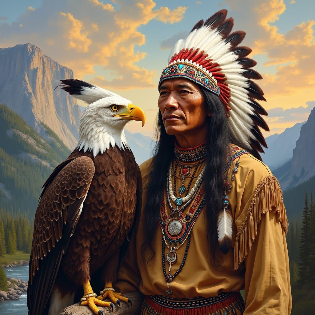 Majestic Native American Leader Unites with Regal Eagle in H...