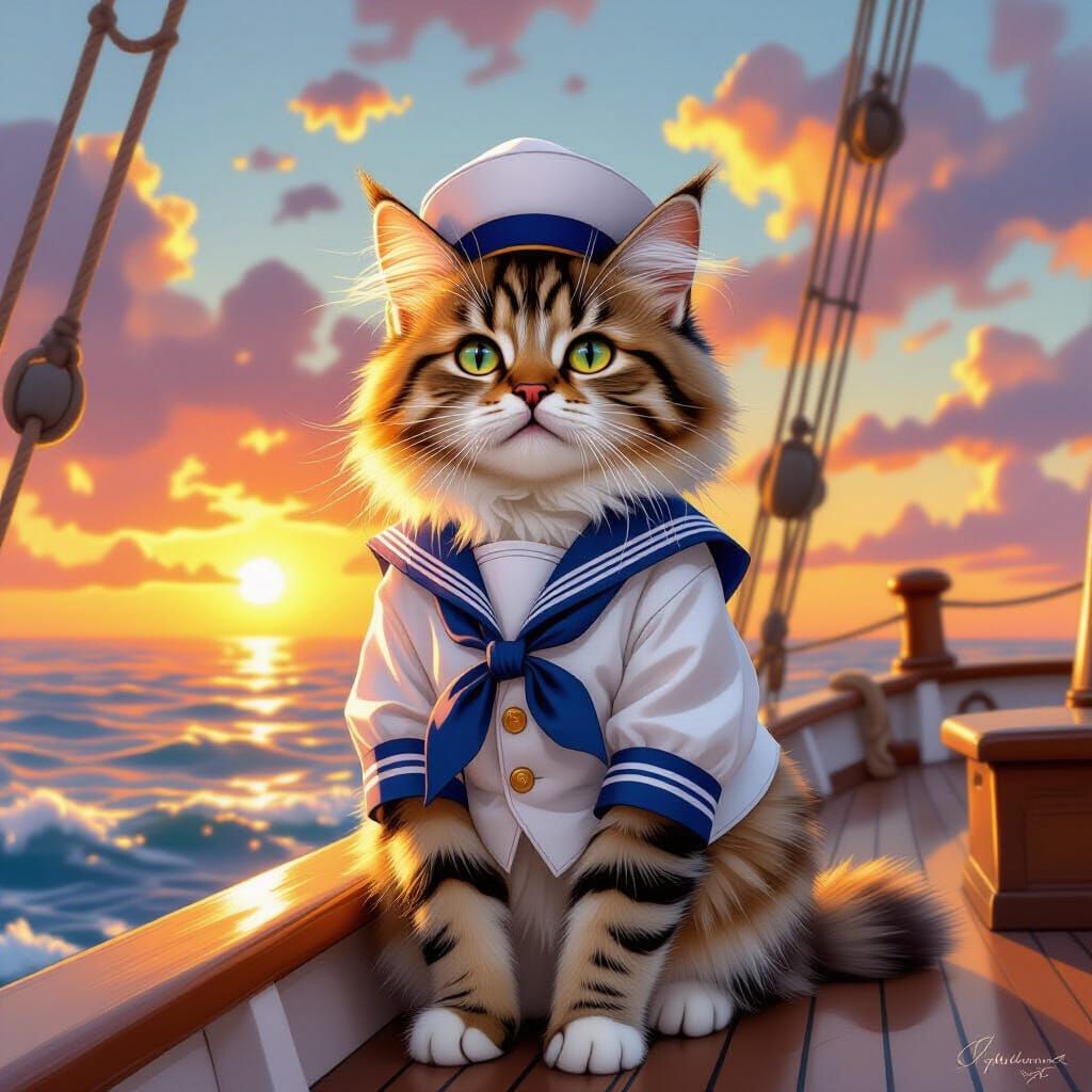 Fluffy Tabby Cat Sailor at Sunset