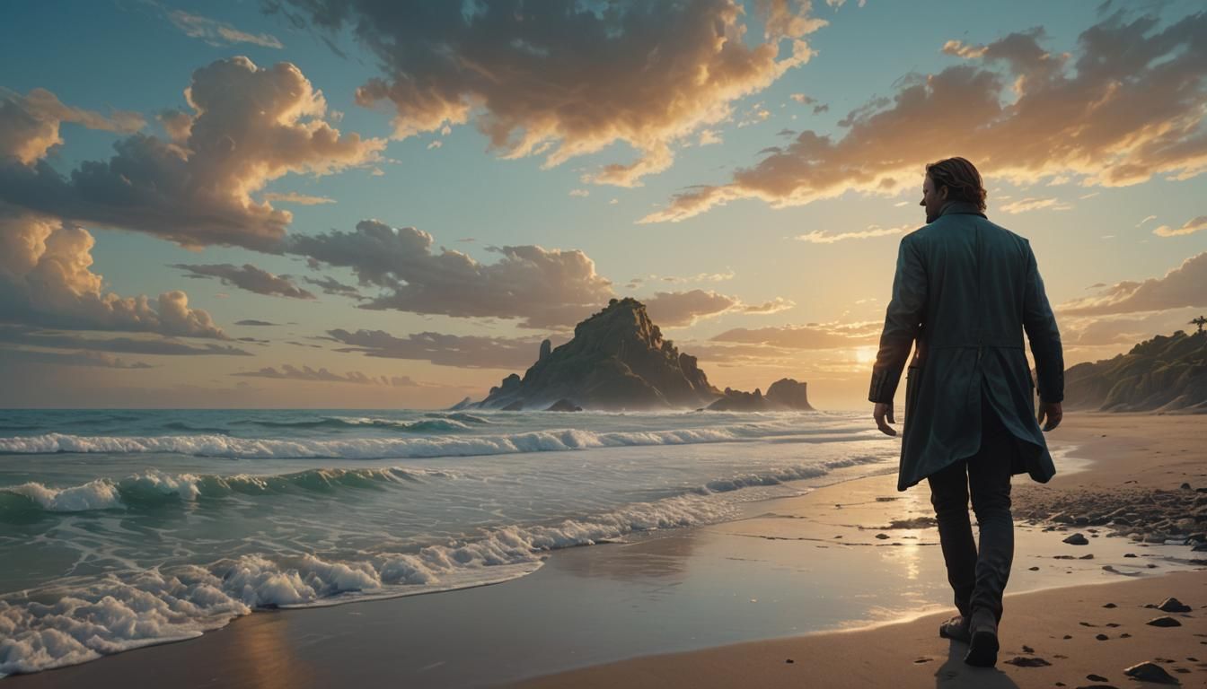 Pensive Man on Golden Shore: Fantasy Art