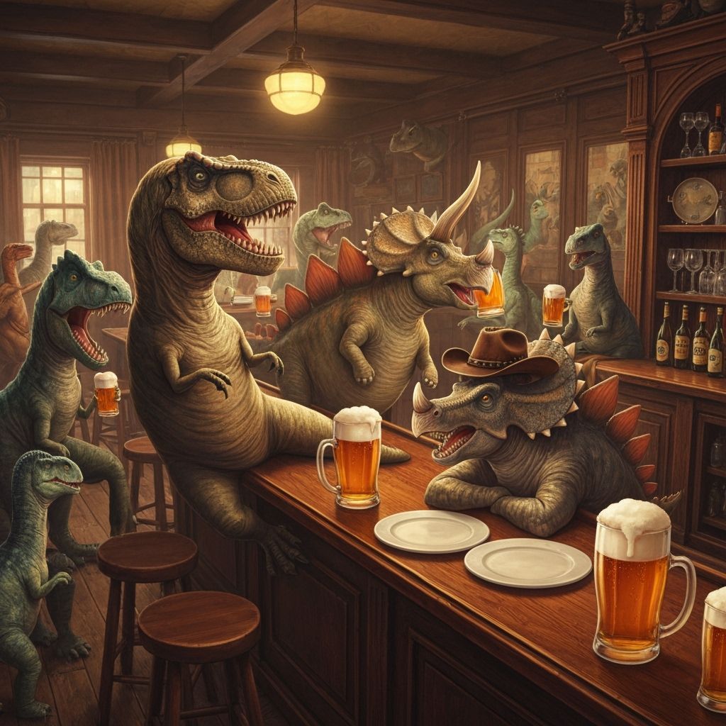 Dinosaurs Enjoying Beer in a Whimsical Bar Scene