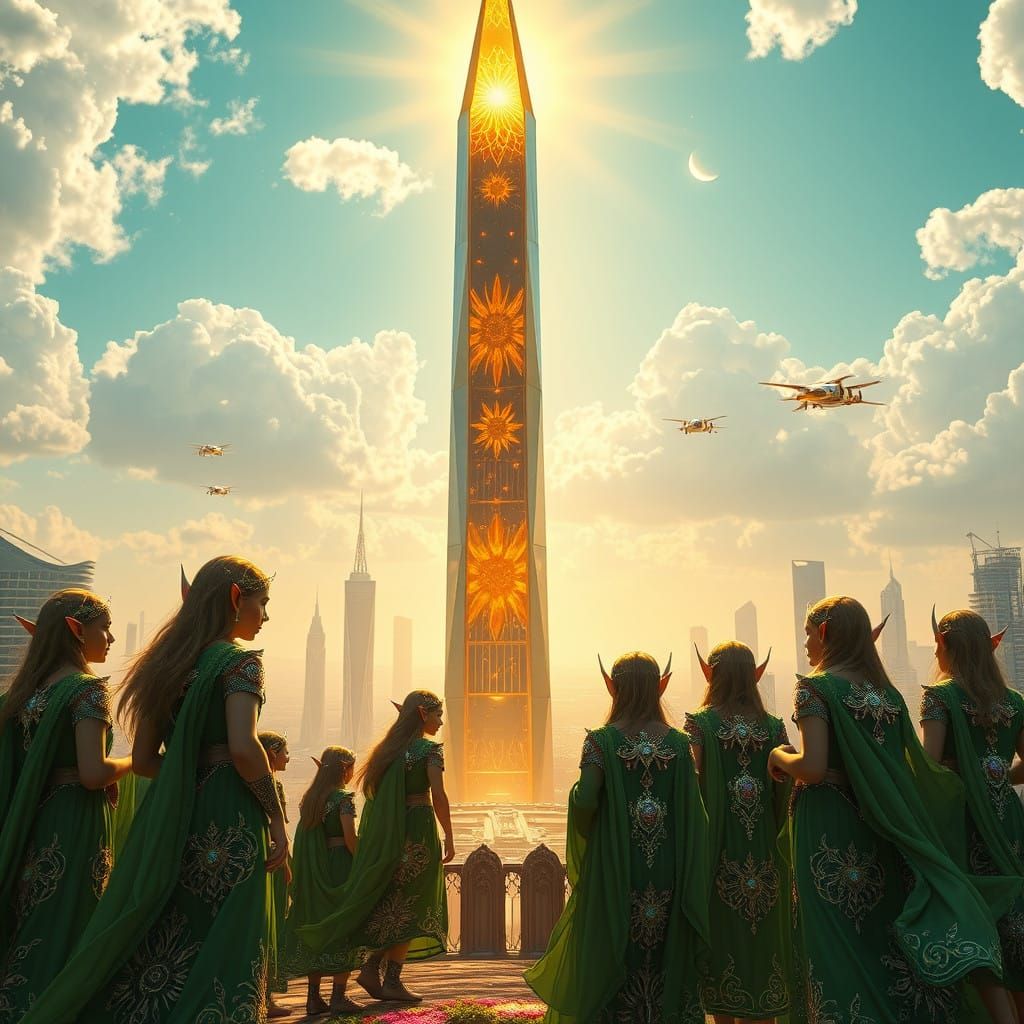 Elven Gathering around Solar Energy Tower in Vibrant Metropo...