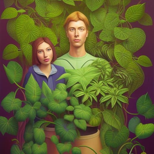 Biomorphic Couple Surrounded by Plants in Surreal Style