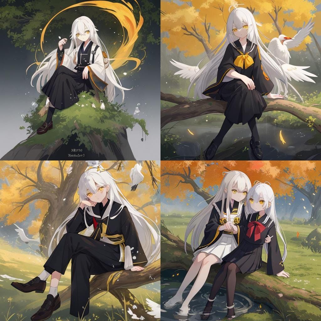 Boy with White Hair and Crane: Fantasy Art