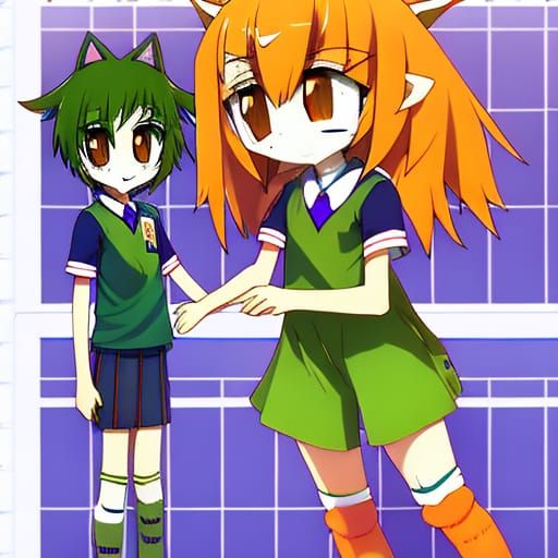 Anime Girl with Kitten in School Setting