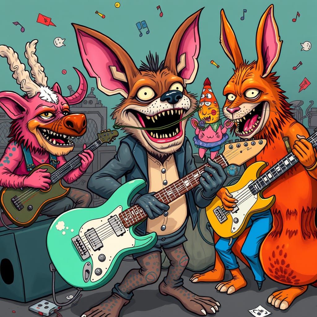 Anthropomorphic Animals' Chaotic Concert in Cartoon Style