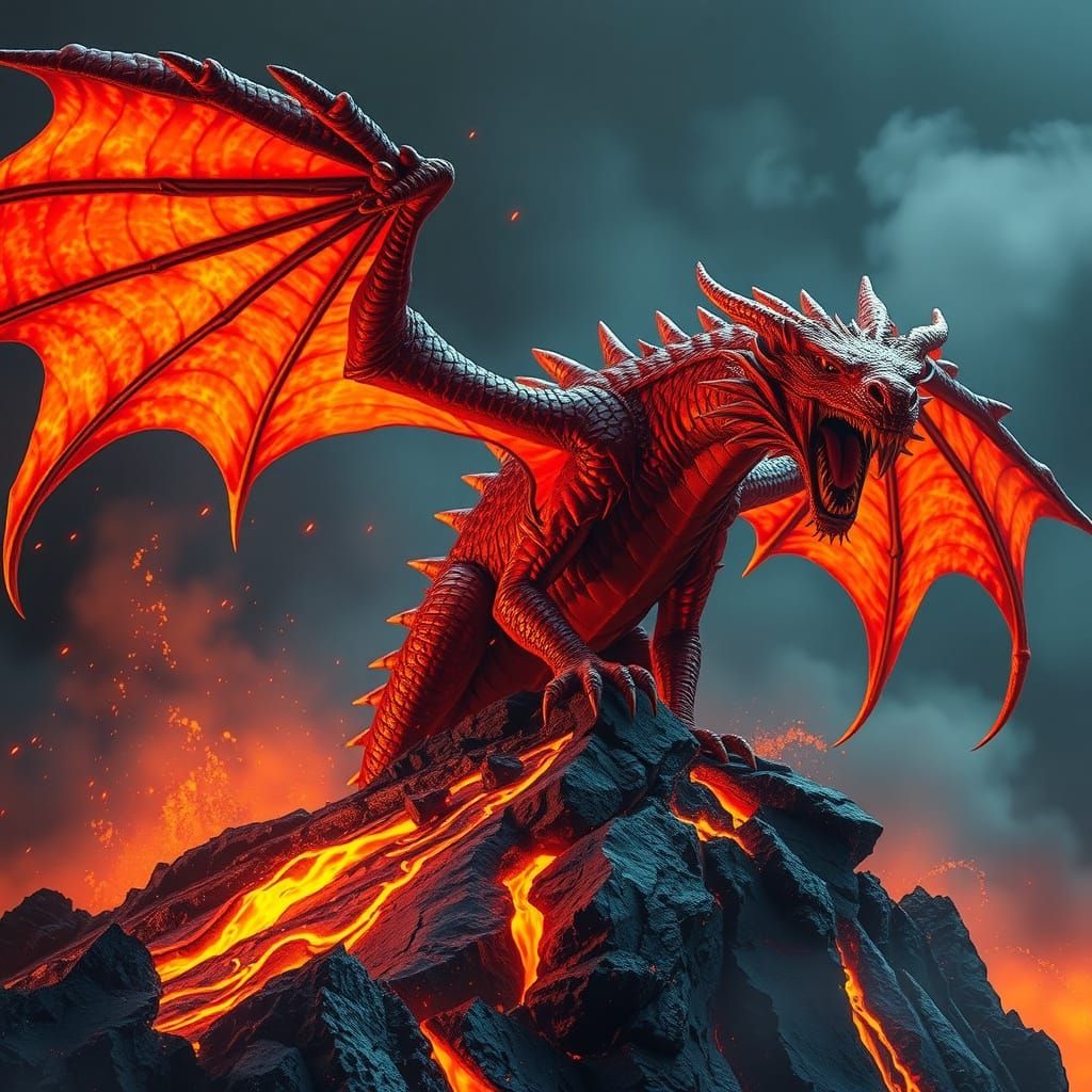 Fiery Dragon Roaring Atop Volcano in Dramatic Lighting