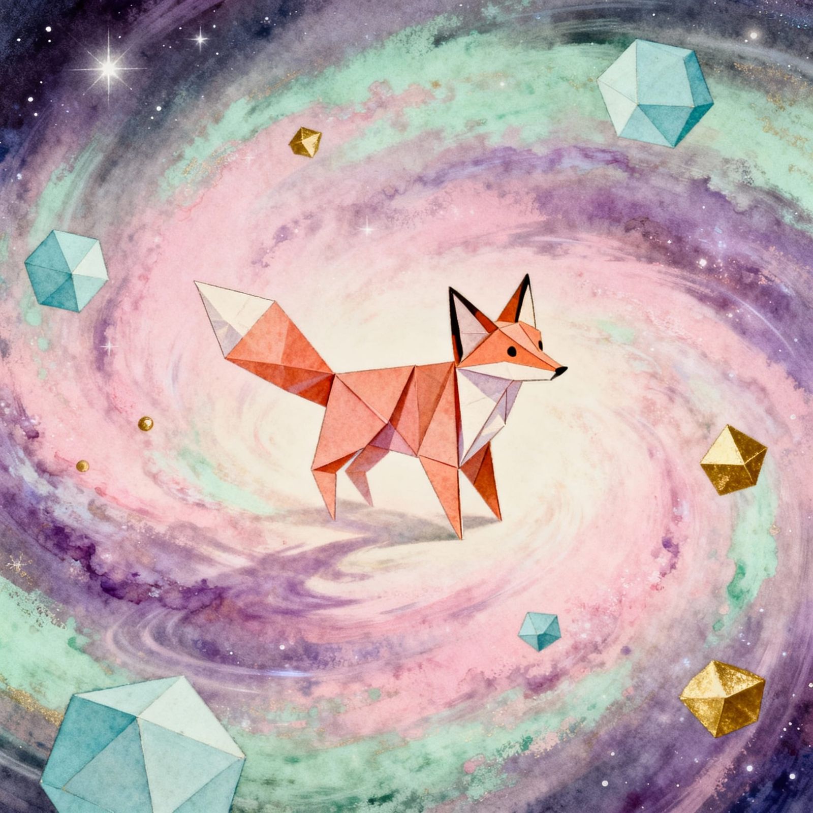 Origami Fox Forms in Pastel Cosmic Nebula