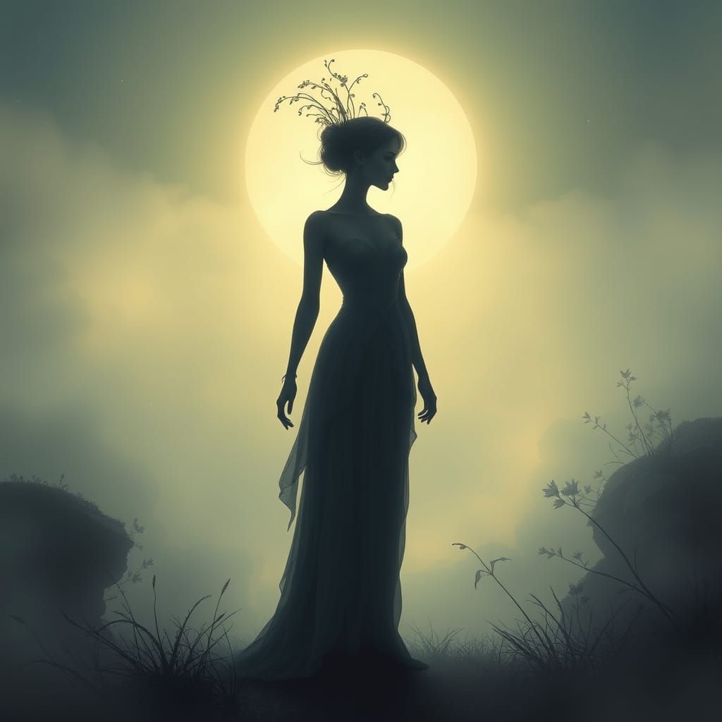 Ethereal Woman in Misty Moonlight Landscape