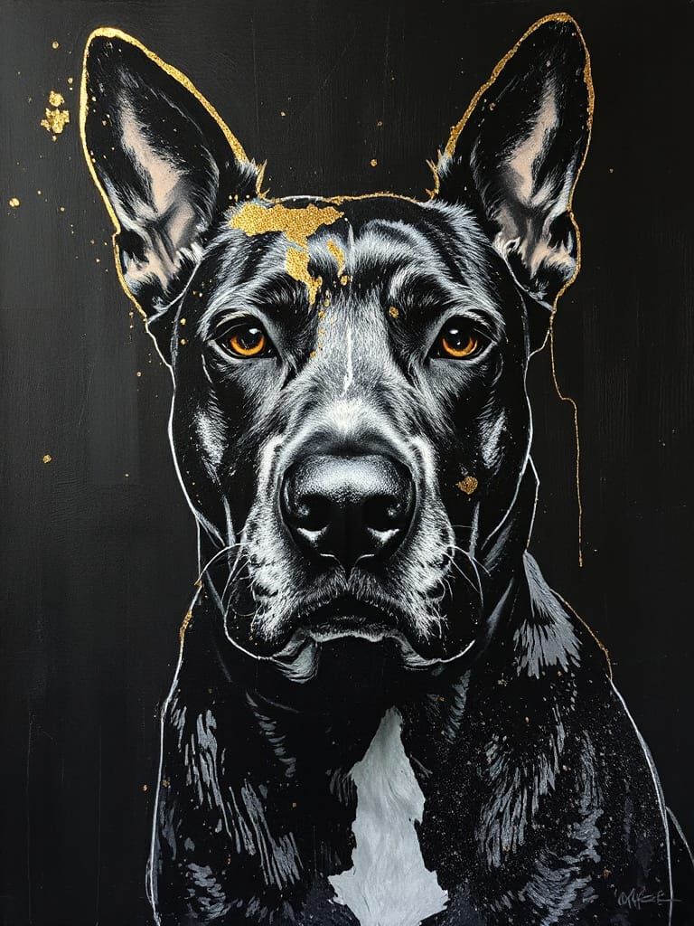 Guard Dog Portrait in Ash, Ink, and Glitter