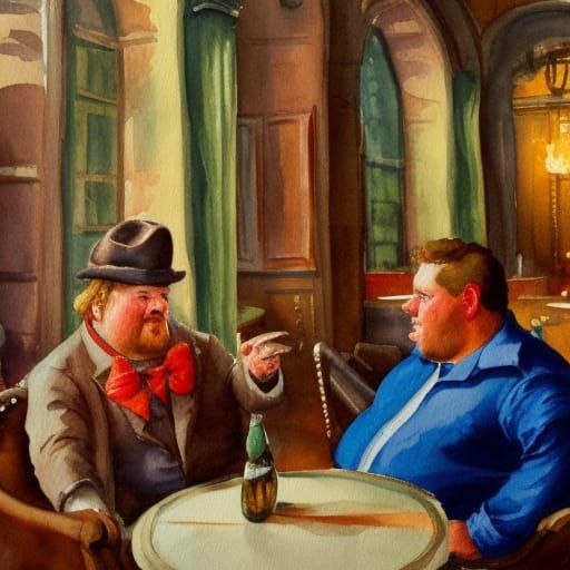 Truckers Chatting in Bar: Gouache Watercolor Impression