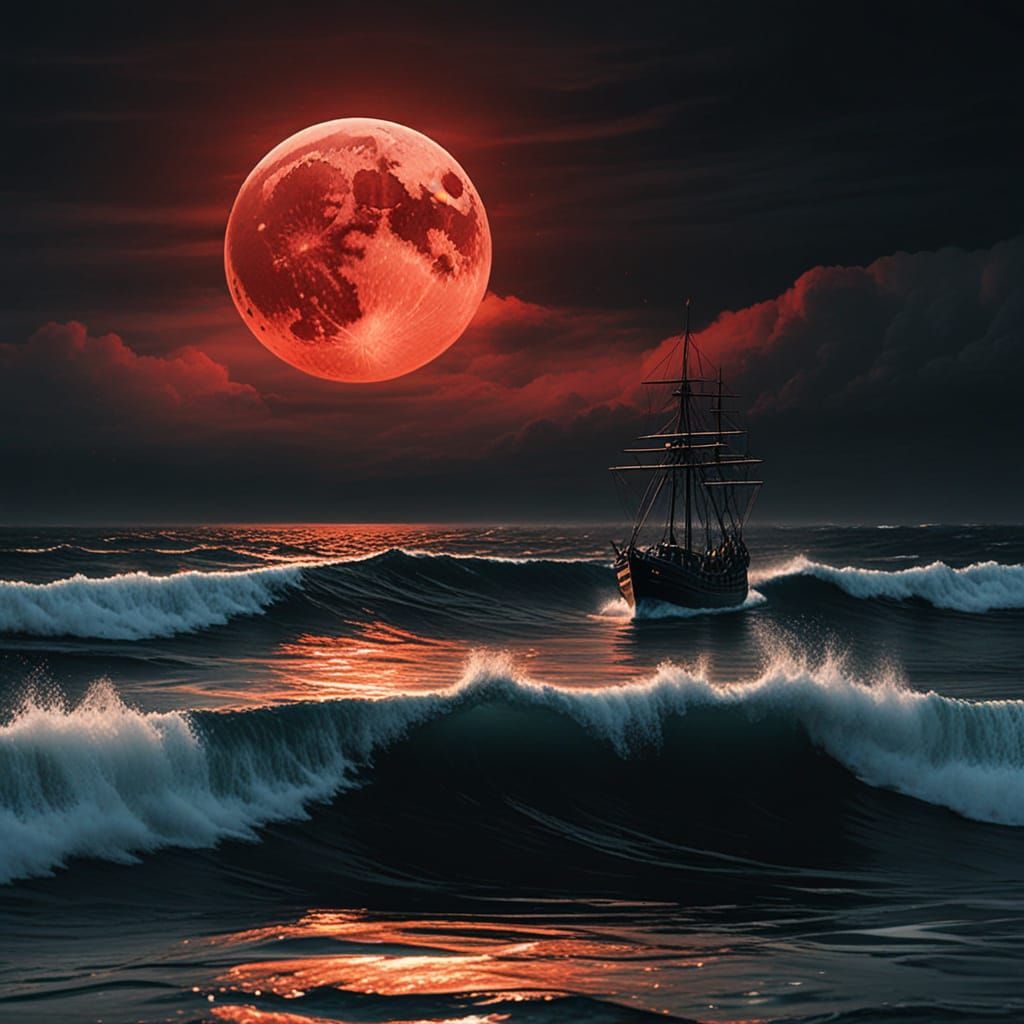 Menacing Presence in Devil's Sea Under Blood Moon